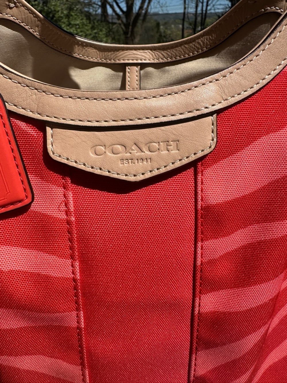 Coach Devin Red Coral Zebra Print Shoulder Bag Canvas Leather Trim F24022 2014 - Picture 7 of 11